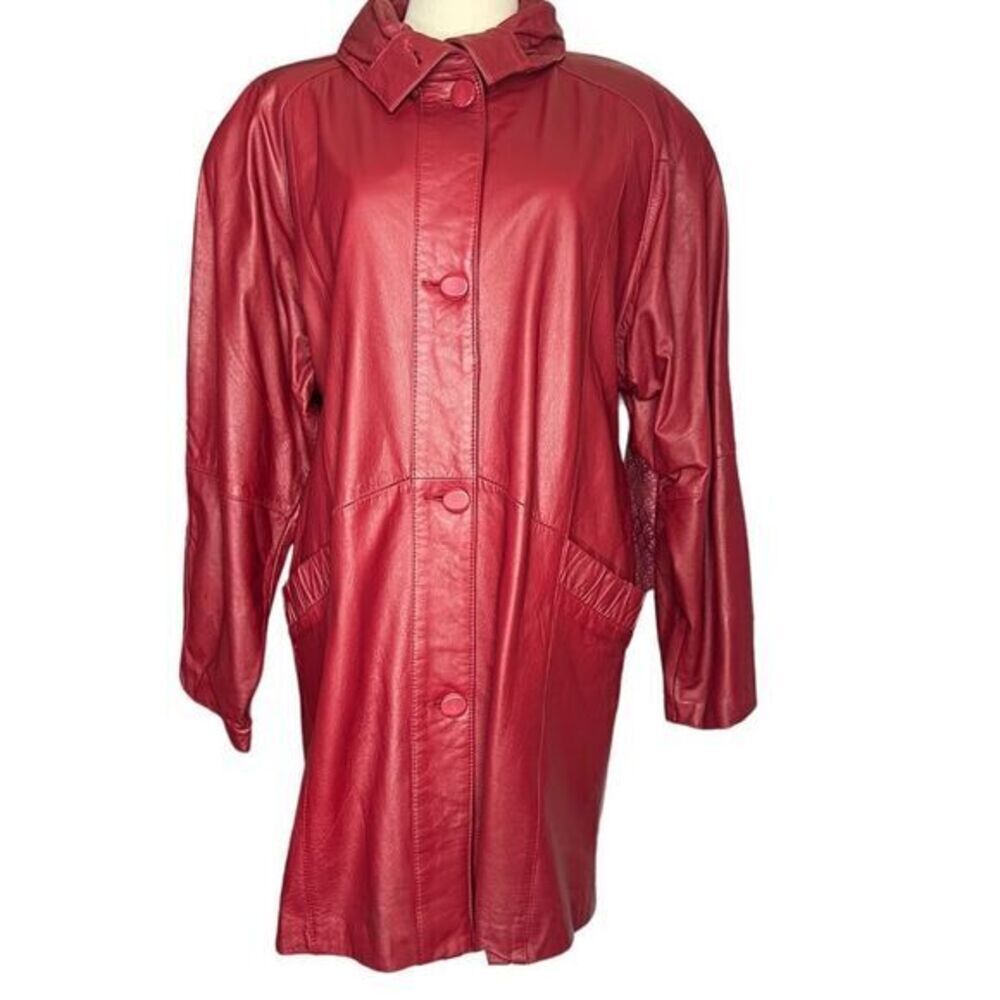 PELLE Red Leather Mid Length Jacket Fully Lined Shoulder‎ Pads Size Medium